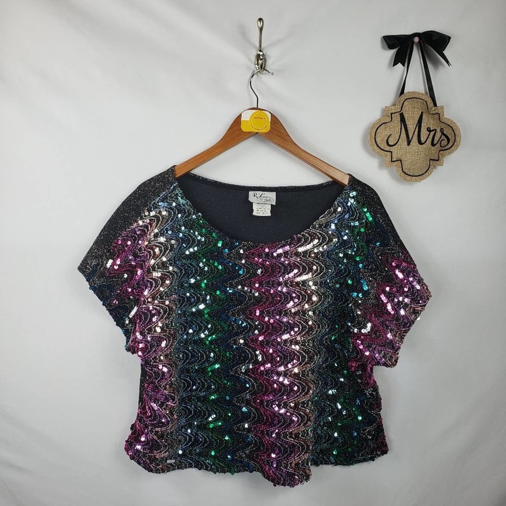 Rhonda Lee Vintage Sequins Blouse Womens Plus Sz 22W Short Sleeve Purple